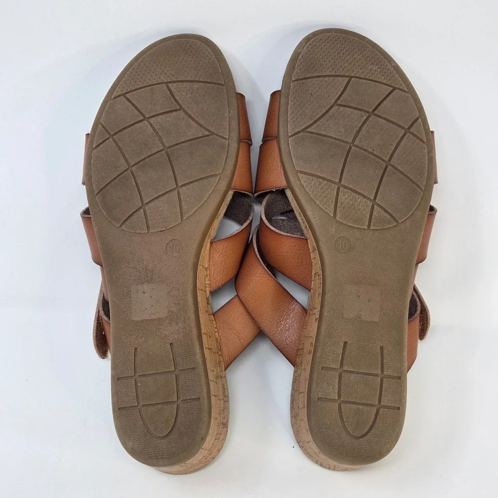 Bjorndal Womens Tan Cognac Strappy Cork Wedge Sandals Hook Loop Closure Size 10